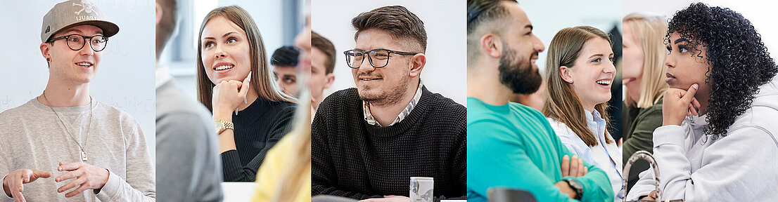 College von Nahaufnahmen von Studierenden in einer Vorlesung an der NBS