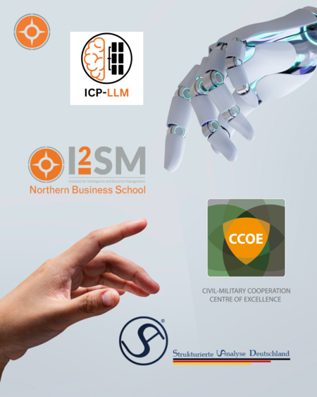 Das Bild zeigt eine menschliche Hand, die von der linken unteren Ecke in die Mitte zeigt. Aus der oberen rechten Ecke zeigt eine Roboterhand ebenfalls in die Mitte. Um die beiden Hände herum sind verschiedene Logos abgebildet, welche in diesem Fall die Kooperation zwischen den einzelnen Unternehmen darstellen soll, die sich alle mit der Entwicklung eines KI-Tools beschäftigen. Eingesetzt werden soll das Tool im Sicherheitsbereich, um die Handlungsfelder der organisierten Kriminalität zu analysieren und ihr bestenfalls entgegenzuwirken. Die Unternehmen heißen ICP-LLM, I2SM, Civil Military Cooperation Centre of Excellence und Strukturierte Analyse Deutschland. Das Bild ist ein selbst gestaltetes Bild von der NBS Northern Business School.