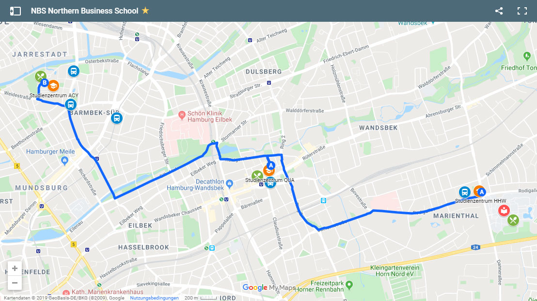 Karte von Hamburg mit Routenanzeige zwischen den drei Studienzentren der NBS